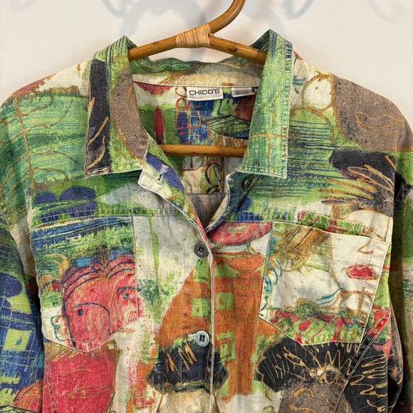 Vtg Chico’s Abstract Art to Wear Faces Graffiti Funky Linen Jacket Size 3/XL - Picture 2 of 11